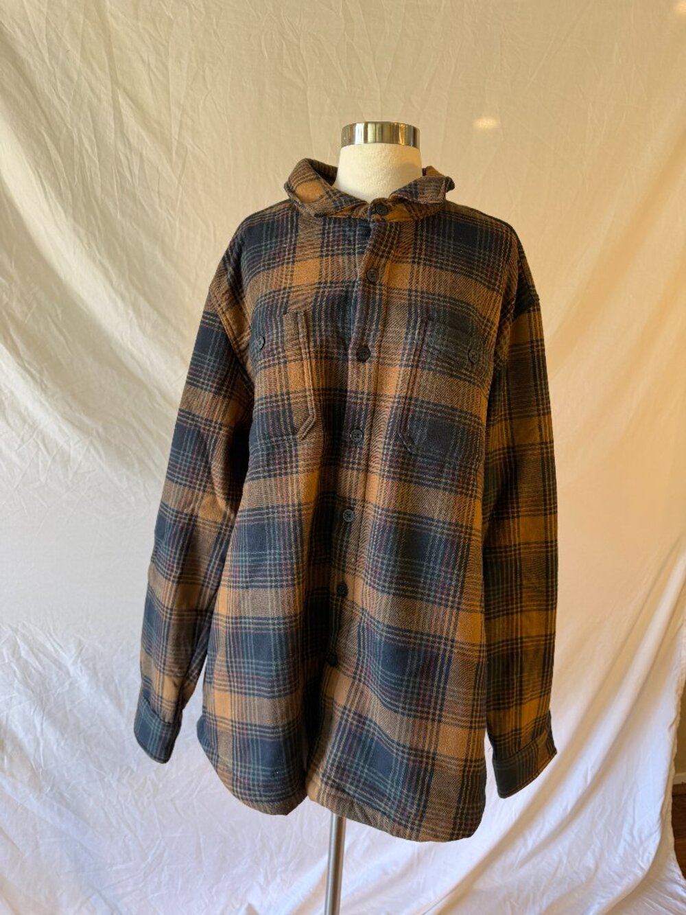 Men's XL Orange and Black Sherpa Plaid Shirt Jacket